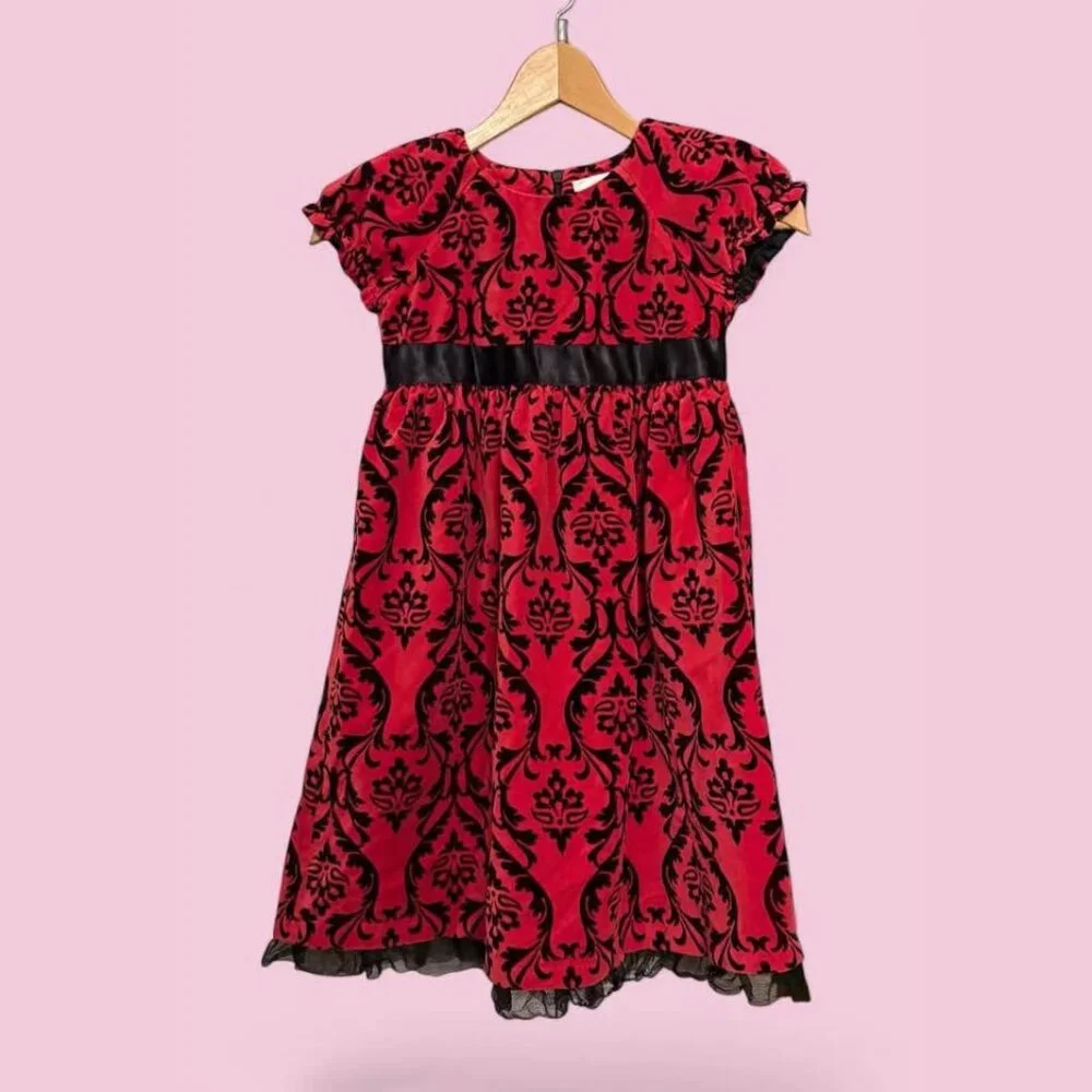 Girls Hanna Andersson Red Velvet Black Brocade Dress‎ Lace Trim-Size 120cm (6/7)